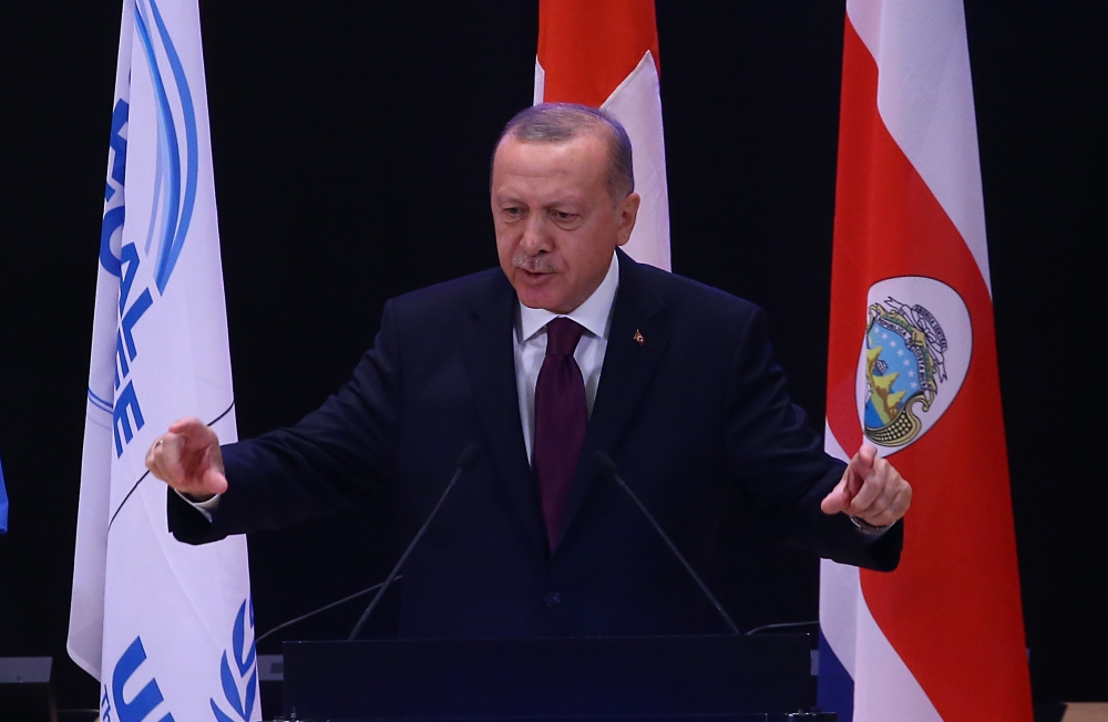 President of Turkey Recep Tayyip Erdogan makes a speech during the 1st Global Refugee Forum in Geneva, Switzerland on December 17, 2019. (Volkan Furuncu/Anadolu Agency) 
