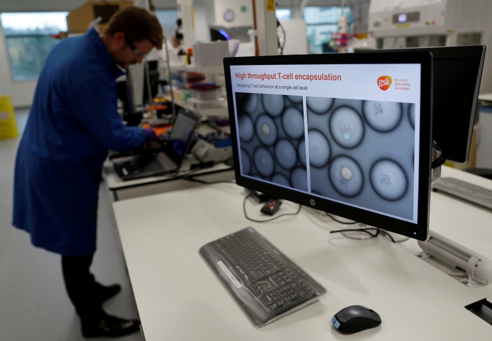 A scientist studies cancer cells inside white blood cells through a microscope at the GlaxoSmithKline (GSK) research centre in Stevenage, Britain November 26, 2019. Reuters/Peter Nicholls