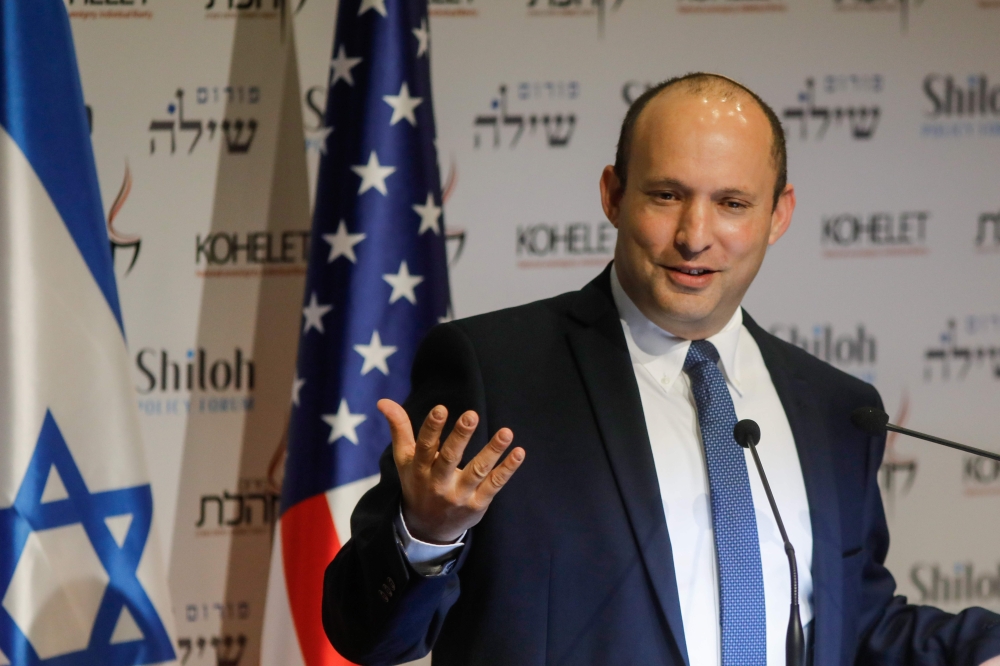 Isreali Defense Minister Naftali Bennett speaks at the Kohelet Policy Forum conference in Jerusalem, on January 8, 2020. AFP / Menahem Kahana
 