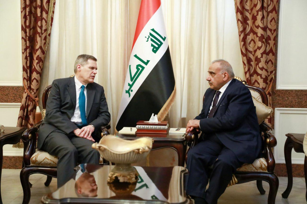 Iraqi Prime Minister Adel Abdul Mahdi meets with US Ambassador to Iraq Matthew Tueller in Baghdad, January 6, 2020. (Iraqi Prime Minister Media Office handout via Reuters)