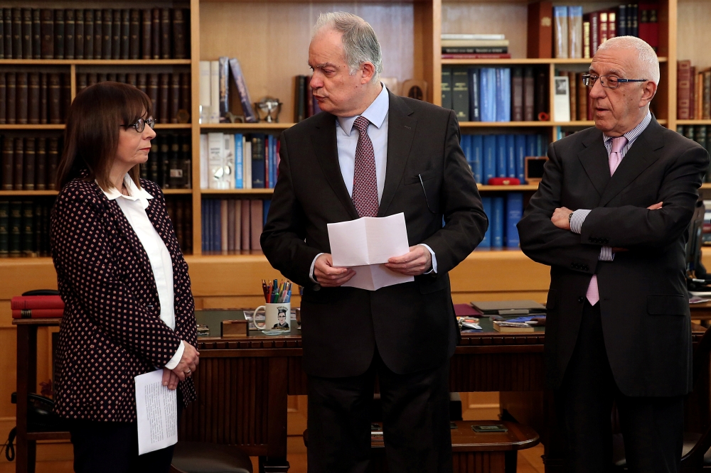 Incoming President of Hellenic Republic, Katerina Sakellaropoulou, is visited by Greek Parliament Speaker Konstantinos Tasoulas and Deputy Parliament Speaker Nikitas Kaklamanis, to accept the results of a parliamentary vote for the election of the new Pre