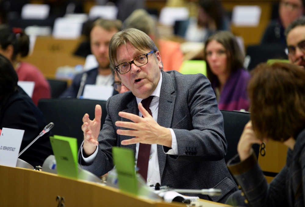 European Parliament Brexit coordinator Guy Verhofstadt speaks during a meeting on the Constitutional Affairs Committee's recommendation on Britain's Withdrawal Agreement at the European Parliament in Brussels, Belgium January 23, 2020.( REUTERS/Johanna Ge