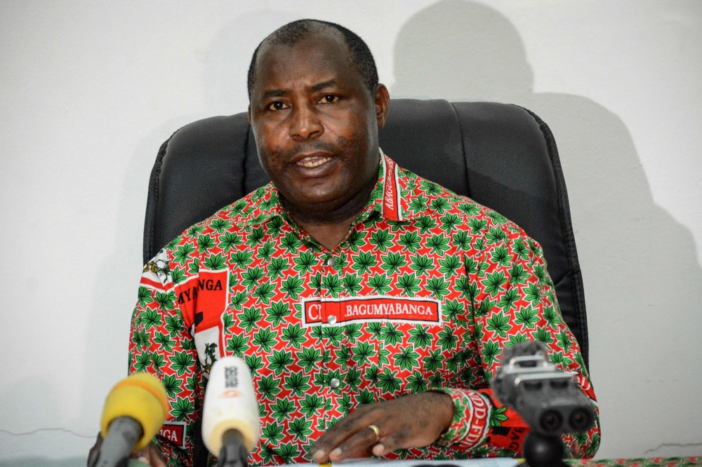 In this file photo taken on May 22, 2018 The secretary general of the Burundi's ruling party CNDD-FDD Evariste Ndayishimiye speaks to media in Bujumbra. AFP 