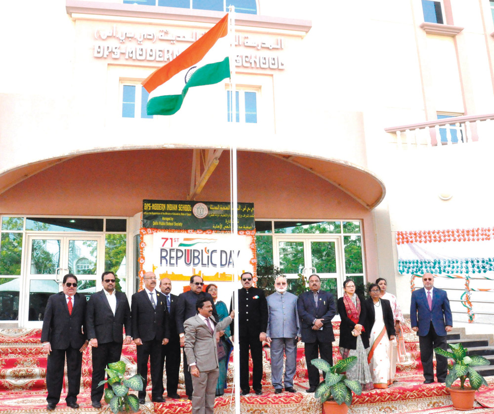 The officials of DPS-Modern Indian School during the flag hoisting ceremony.