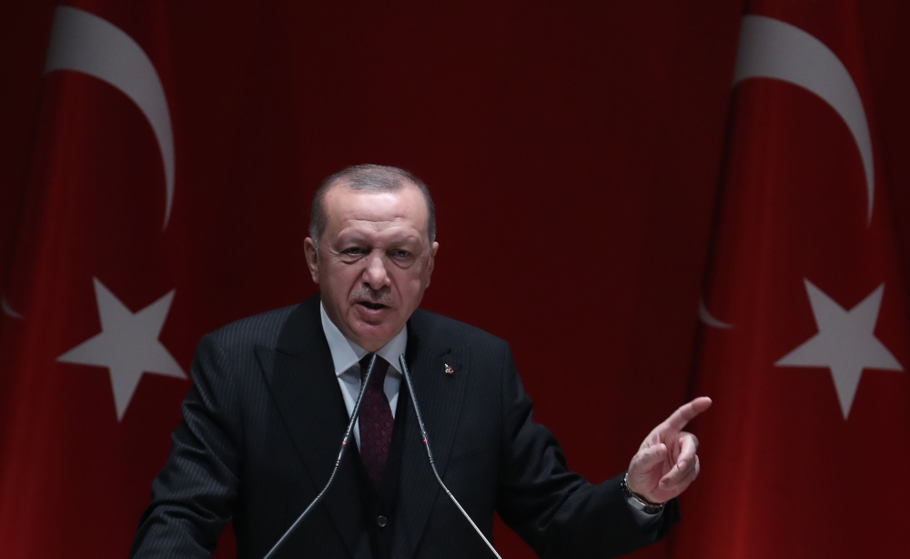 Turkish President and Leader of Turkey's ruling Justice and Development (AK) Party Recep Tayyip Erdogan delivers a speech during the party's extended meeting with provincial heads at the AK Party headquarters in Ankara, on January 31, 2020. (AFP / Adem AL