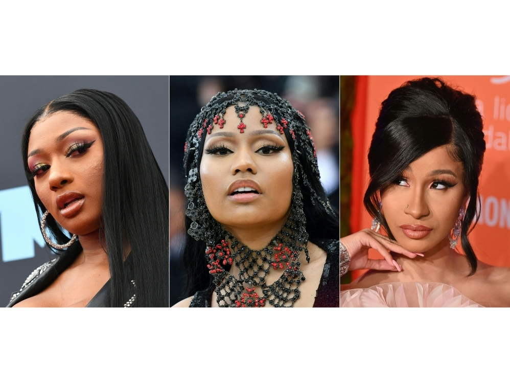 (COMBO) This combination of file pictures created on January 17, 2020 shows US rappers (L-R) Megan Thee Stallion on August 26, 2019, at the 2019 MTV Video Music Awards in Newark, New Jersey; Nicki Minaj on May 7, 2018, at the 2018 Met Gala in New York; an
