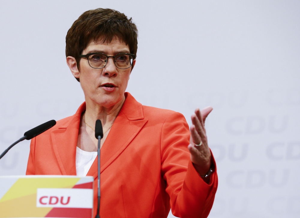German Defense Minister Annegret Kramp-Karrenbauer makes a speech as she holds a press conference in Berlin, Germany on February 7, 2020. (Abdulhamid Ho?ba? - Anadolu Agency)
