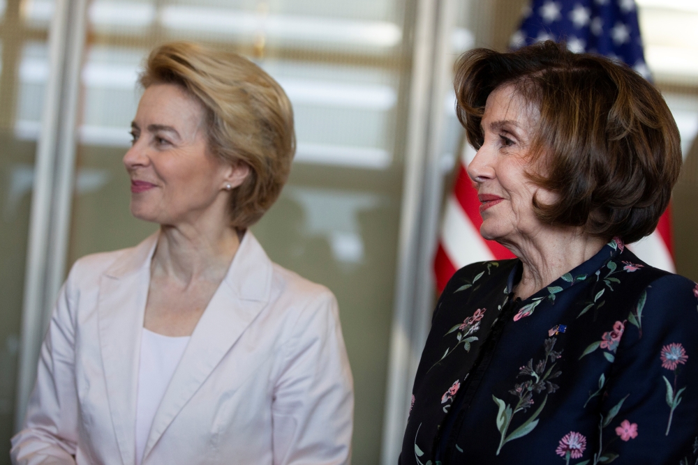 US House Speaker Nancy Pelosi (D-CA) and European Commission President Ursula von der Leyen attend a meeting at EU headquarters in Brussels, Belgium, February 17, 2020. Virginia Mayo/Pool via Reuters
 