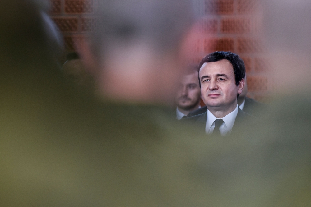 Kosovo's Prime Minister Albin Kurti looks on in front of the members of the Kosovo Security Forces (KSF) as he attends a ceremony in Pristina on February 17, 2020, to mark the 12th anniversary of Kosovo's declaration of independence. / AFP / Armend NIMANI