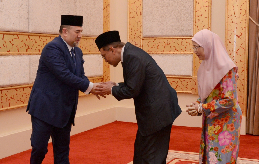 FILE PHOTO: Malaysian politician Anwar Ibrahim and his wife Wan Azizah greet King Sultan Muhammad V at National Palace in Kuala Lumpur, May 16, 2018. )National Palace Roskhadijah  via Reuters) 