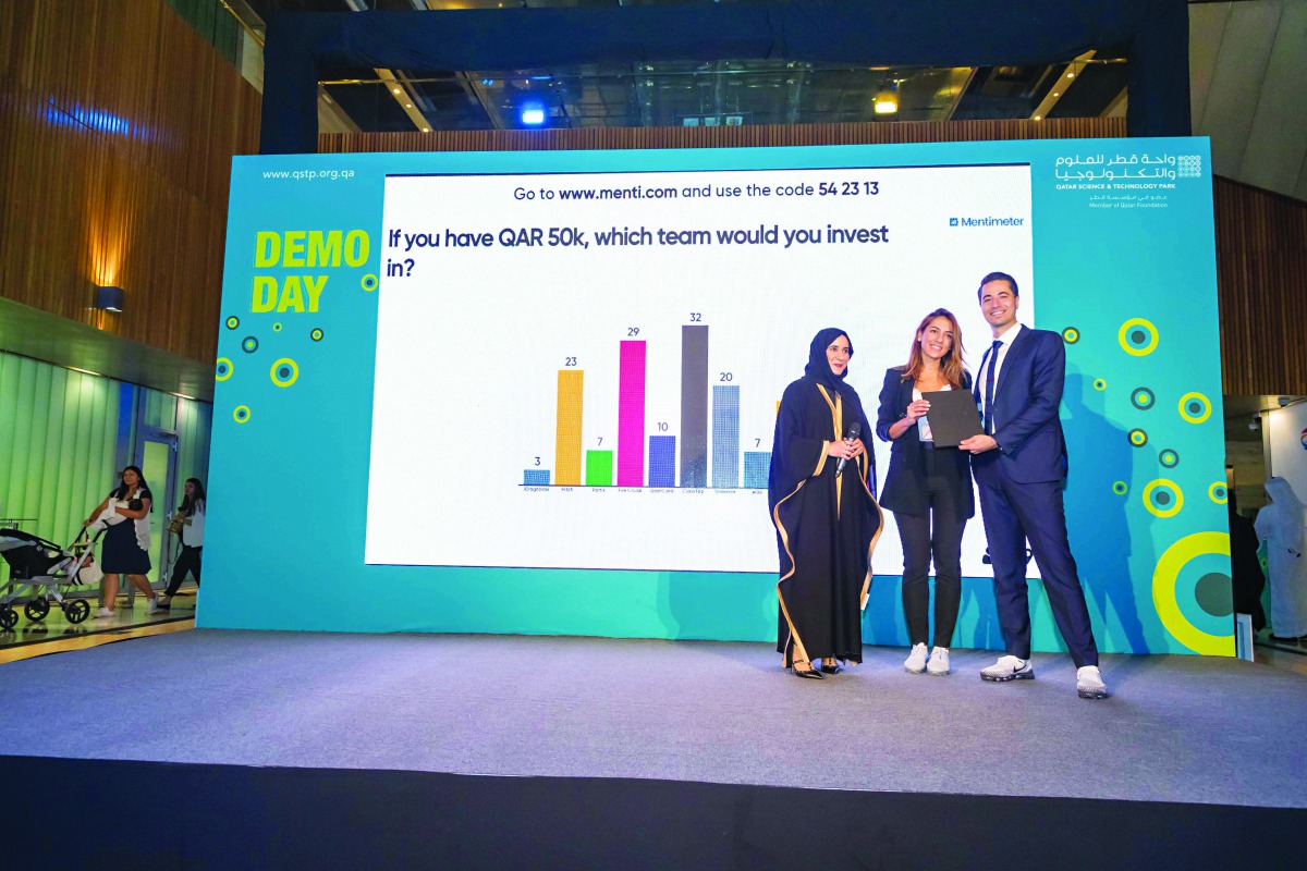Hayfa Al Abdulla (left), QSTP Innovation Director, presenting first prize to team ClassTap co-founders Rana Majeed and Bashar Hudhud, at the Demo Day of XLR8 cycle 8.