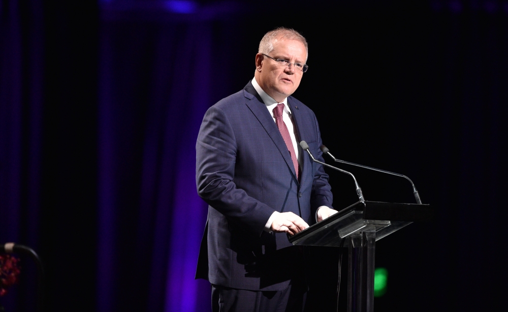 File photo: Australian Prime Minister Scott Morrison speaks at a State memorial for those impacted by the recent bushfires in Sydney on February 23, 2020. / AFP / POOL / PETER PARKS