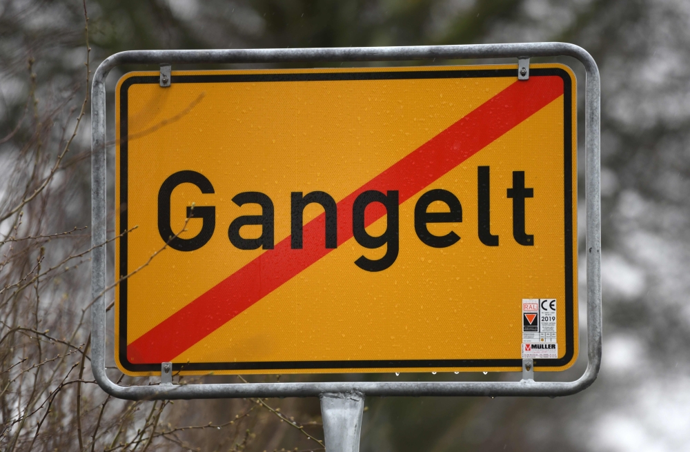 A sign of the village of Gangelt is seen near Heinsberg, western Germany, on February 27, 2020. AFP / Ina Fassbender