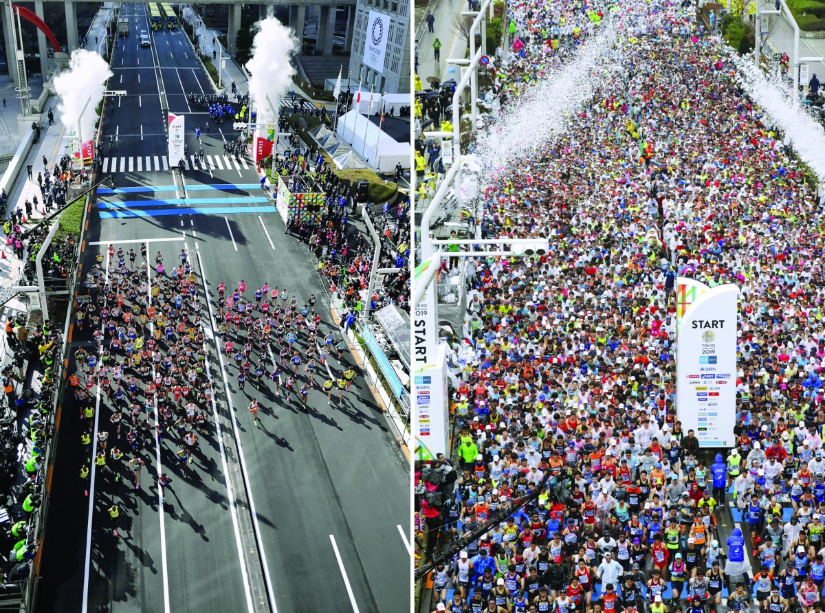 This collage show runners fill the street at the start of the Tokyo Marathon 2019 in Tokyo, Japan in this March 3, 2019 (right) and runners start at the Tokyo Marathon 2020 in Tokyo, Japan yesterday. The 2020 Tokyo Marathon was limited to elite runners ma