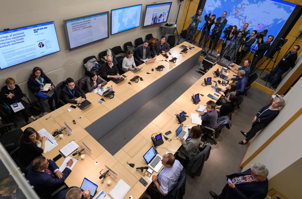 General view during a daily press briefing by World Health Organization on COVID-19 virus at the WHO headquaters on March 6, 2020 in Geneva. AFP / Fabrice Coffrini
 