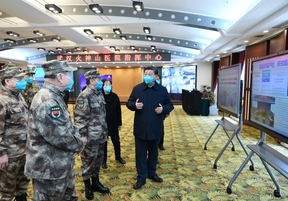 Chinese President Xi Jinping learns about the hospital's operations, treatment of patients, protection for medical workers and scientific research at the Huoshenshan Hospital in Wuhan, the epicentre of the novel coronavirus outbreak, Hubei province, China