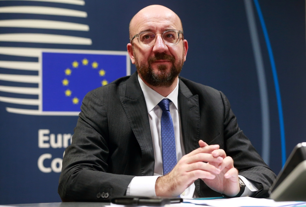 European Council President Charles Michel attends a conference call with European leaders on Coronavirus, COVID-19, at the European Council, Brussels, Belgium March 10, 2020. Stephanie Leqocq via Reuters
 