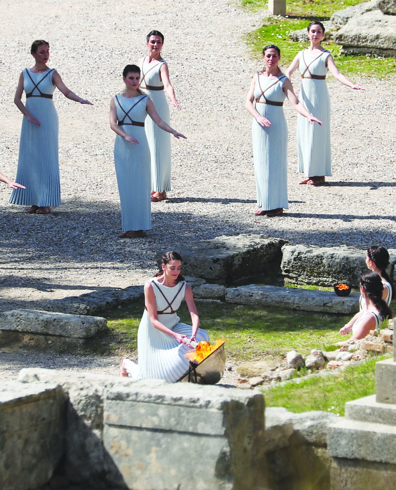 Greek actress Xanthi Georgiou, playing the role of High Priestess lights the flame during the dress rehearsal for the Olympic flame lighting ceremony for the Tokyo 2020 Summer Olympics Reuters/Alkis Konstantinidis 