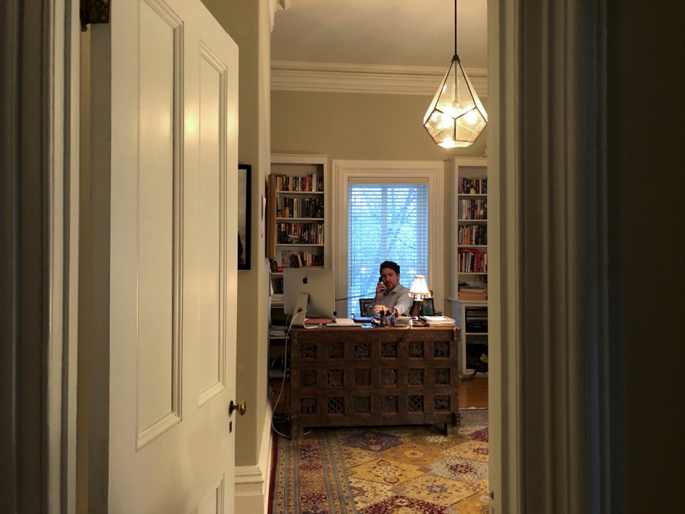 Canada’s Prime Minister Justin Trudeau works from his home office at Rideau Cottage, during his self-quarantine after his wife Sophie Gregoire tested positive for novel coronavirus (COVID-19), in a picture taken by his 11-year-old daughter Ella-Grace in O