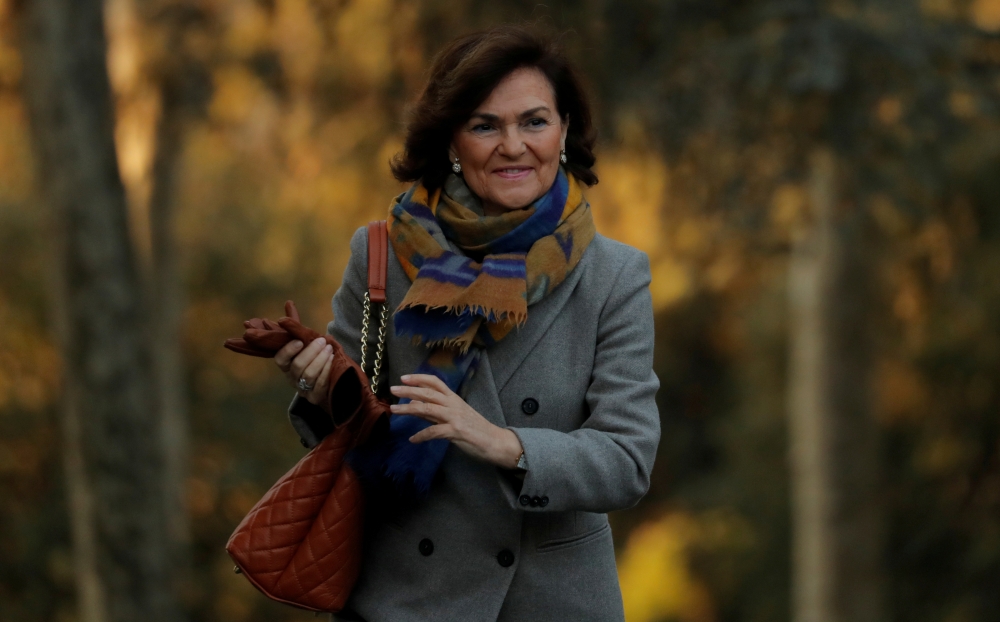 FILE PHOTO: Spain's Deputy Prime Minister Carmen Calvo arrives to attend the first cabinet meeting at the Moncloa Palace in Madrid, Spain, January 14, 2020. REUTERS/Susana Vera/File Photo
