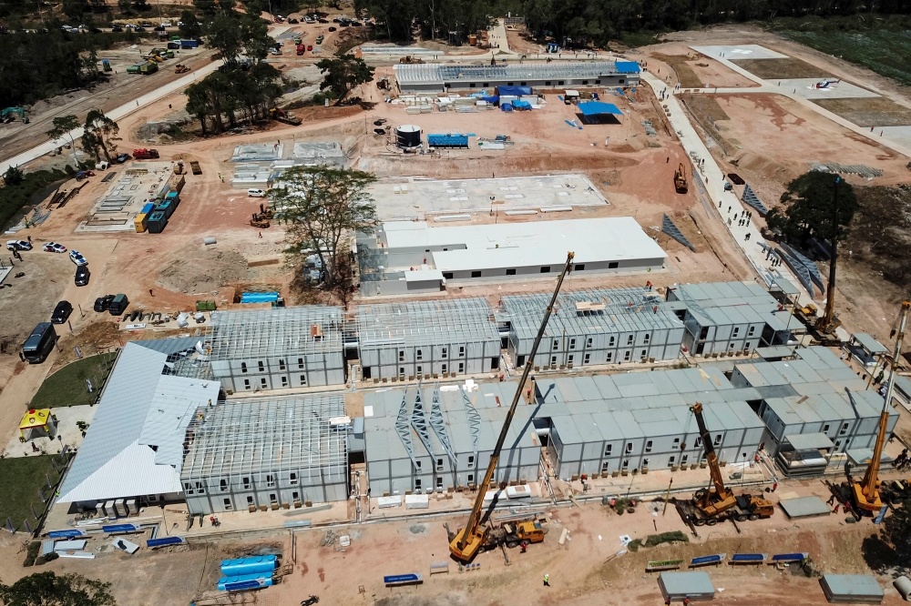 An aerial view of the works in progress of an emergency hospital at a Galang Island to prevent the spread of coronavirus disease (COVID-19) in Batam  Antara Foto/Bobby via REUTERS