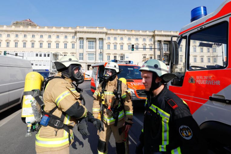 Firefighters arrive at the castle on the Spreeinsel after a fire broke out, in Berlin, on April 8, 2020.PHOTO: REUTERS