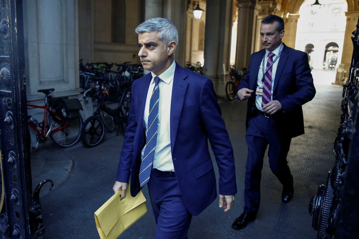 FILE PHOTO: Mayor of London Sadiq Khan is seen outside Downing Street, as the coronavirus outbreak continues, in London, Britain March 16, 2020. REUTERS/Henry Nicholls