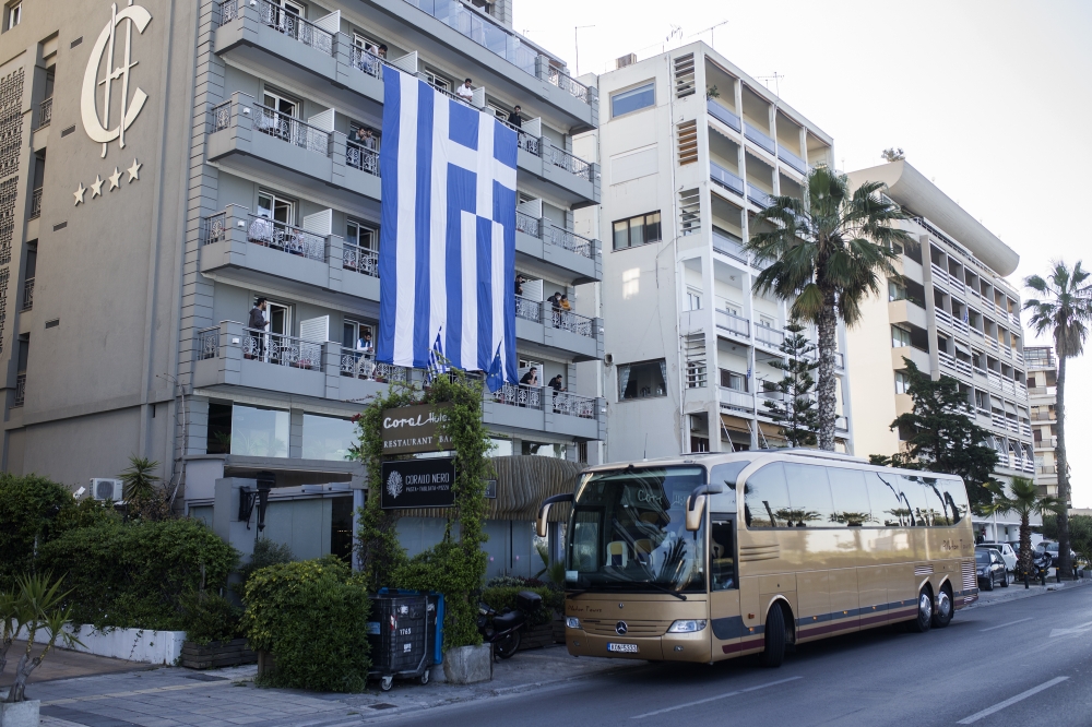 A bus which will carry Turkish citizens who quarantined due to coronavirus (COVID-19) at the Greek cruise ship 