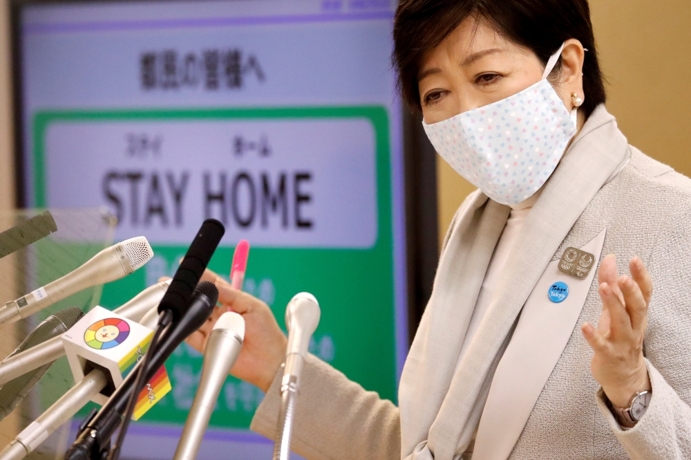 FILE PHOTO: Tokyo Governor Yuriko Koike speaks at a news conference on Tokyo's response to the coronavirus disease (COVID-19) outbreak, in Tokyo, Japan, April 10, 2020. REUTERS/Issei Kato/File Photo