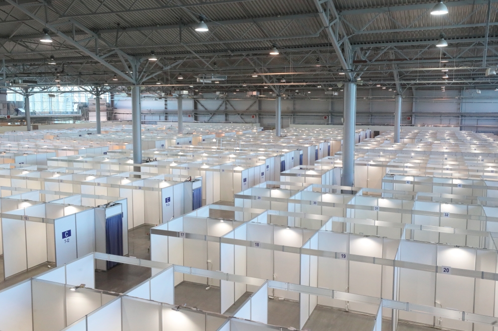 An interior view shows a pavilion of Lenexpo exhibition center following the decision of local authorities to turn it into a temporary hospital amid the coronavirus disease (COVID-19) outbreak in Saint Petersburg, Russia in this handout picture released A