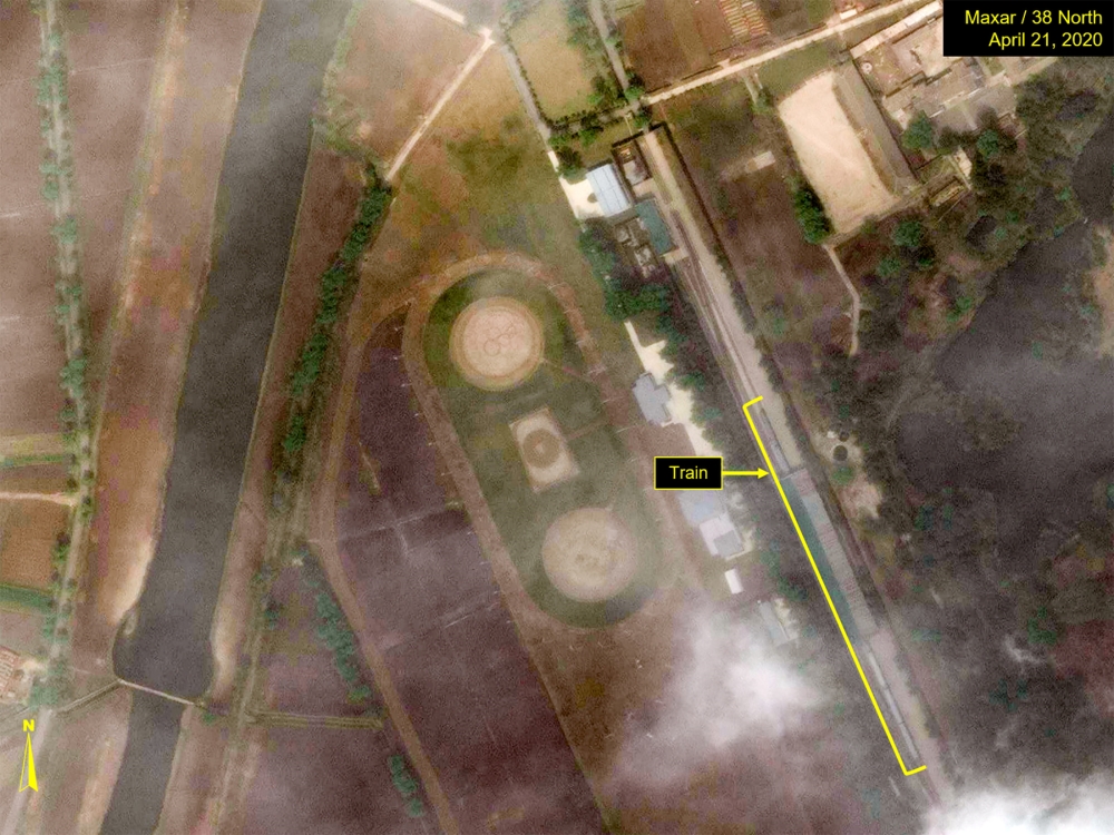 What is described by Washington-based North Korea monitoring project 38 North as a special train possibly belonging to North Korean leader Kim Jong Un is seen in a satellite image with graphics taken over Wonsan, North Korea April 21, 2020.
