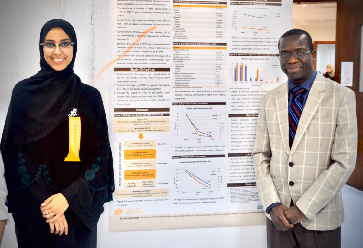 Qatar University College of Pharmacy MSc student in Clinical Pharmacy and Practice, Sara Hamdi Abdulrhim, with Dr. Ahmed Awaisu, Associate Professor.