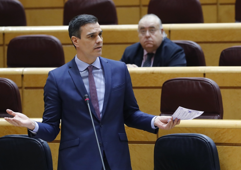 Spanish Prime Minister Pedro Sanchez speaks during the Government's question time session at the Senate in Madrid on May 5, 2020. Spain's coalition government warned the opposition yesterday it could spark 