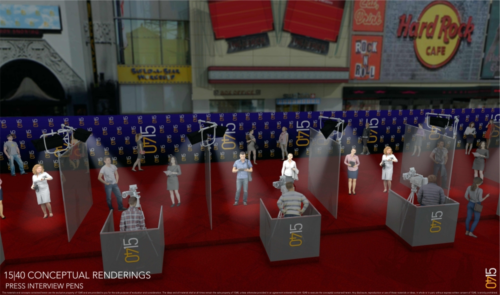 This handout image released courtesy of 15|40 Productions on May 15, 2020 shows a conceptual rendering of press interview pens separated by plexiglass for red-carpet arrival events. AFP PHOTO / Conceptual Rendering Courtesy of 15|40 Productions 