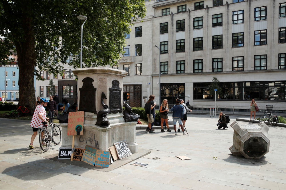 The area where the statue of Edward Colston stood is seen, after protesters pulled it down and pushed into the docks, following the death of George Floyd who died in police custody in Minneapolis, Bristol, Britain, June 8, 2020. REUTERS/Matthew Childs