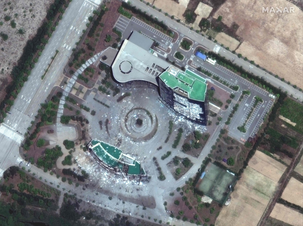 This handout satellite image released by Maxar Technologies shows the close up view of north_south joint liaison office and administration building , on June 22, 2020, after it was intentionally destroyed by explosives set by North Korean forces on the af