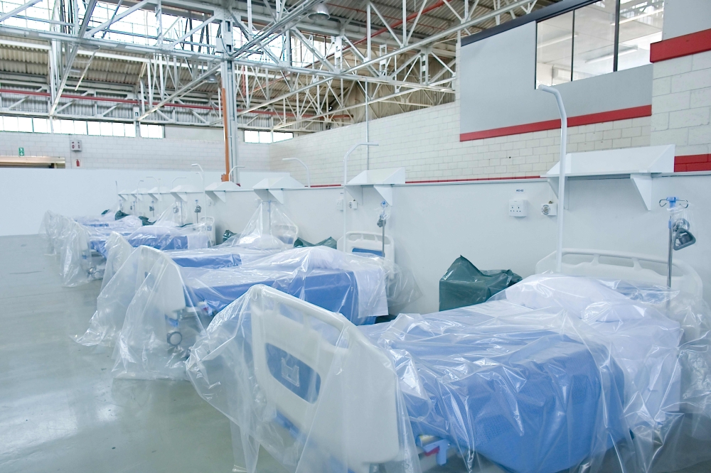 A general view of the beds in the Rev Dr Elizabeth Mamisa Chabula-Nxiweni Field Hospital in Korsten, Port Elizabeth on June 22, 2020.  AFP / Michael SHEEHAN
