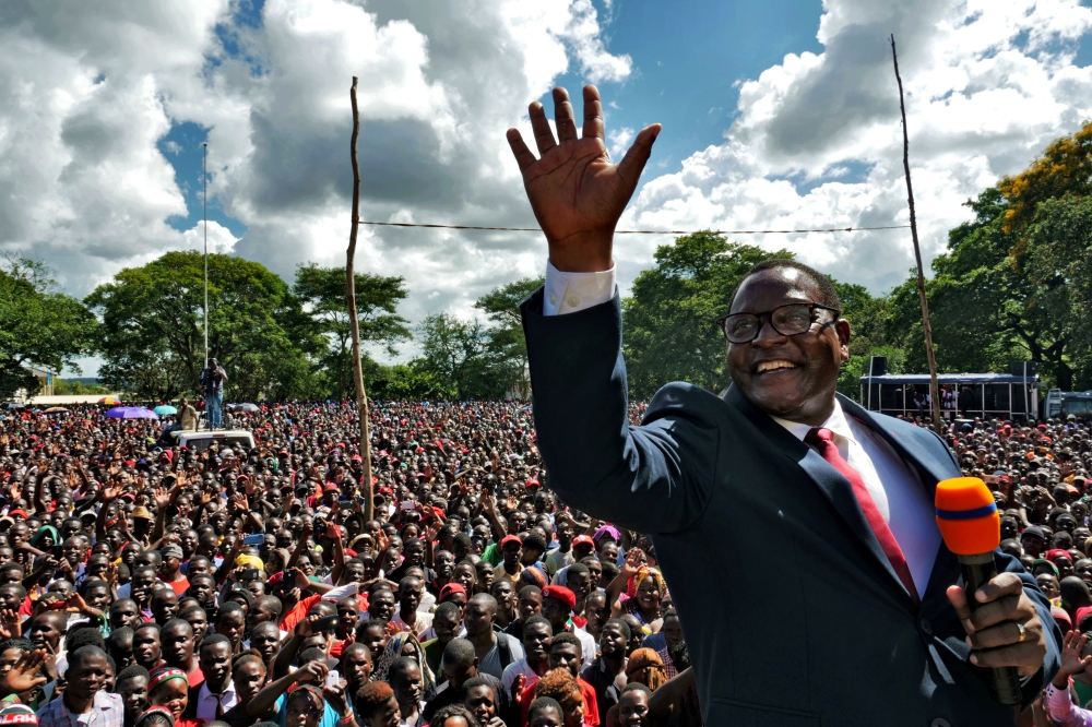 Opposition Malawi Congress Party leader Lazarus Chakwera addresses supporters after a court annulled the May 2019 presidential vote that declared Peter Mutharika a winner, in Lilongwe, Malawi, February 4, 2020. REUTERS/Eldson Chagara/File Photo