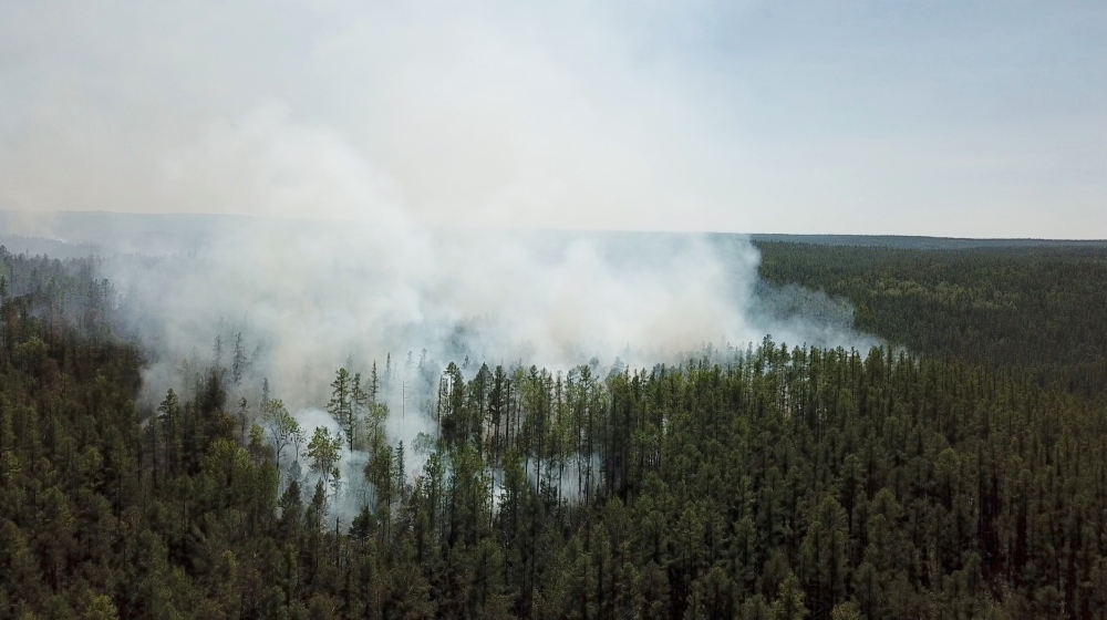 An aerial view shows smoke rising from a forest fire burning in Krasnoyarsk region, Russia, in this still image taken from undated handout video obtained by Reuters July 10, 2020. The Aerial Forest Protection Service/Handout via REUTERS 