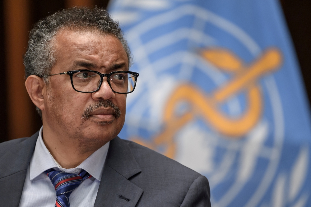 World Health Organization (WHO) Director-General Tedros Adhanom Ghebreyesus attends a news conference organized by Geneva Association of United Nations Correspondents (ACANU) amid the COVID-19 outbreak, caused by the novel coronavirus, at the WHO headquar