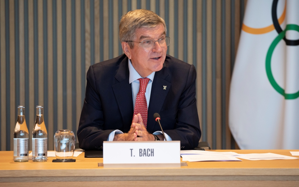 Thomas Bach, President of the International Olympic Committee (IOC) attends a meeting of IOC's executive board, as the spread of the coronavirus disease (COVID-19) continues, in Lausanne, Switzerland July 15, 2020. IOC/Greg Martin/Handout via REUTERS