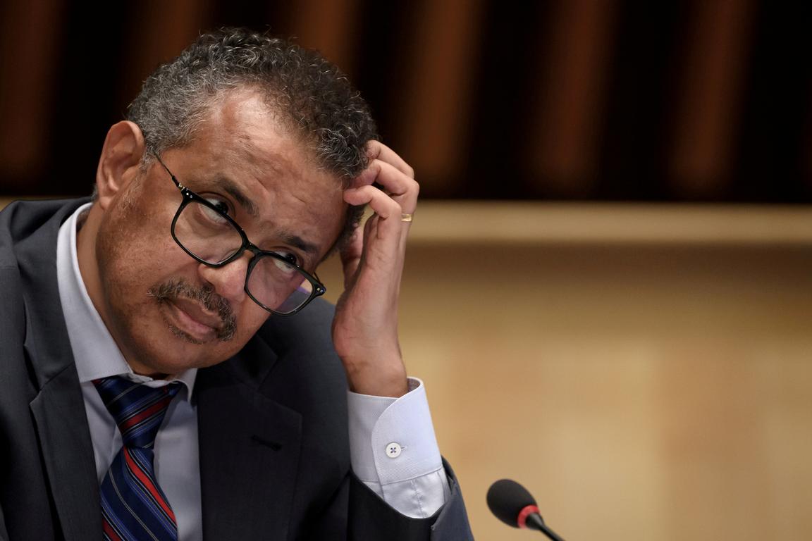 FILE PHOTO: World Health Organization (WHO) Director-General Tedros Adhanom Ghebreyesus attends a news conference organized by Geneva Association of United Nations Correspondents (ACANU) amid the COVID-19 outbreak, caused by the novel coronavirus, at the 