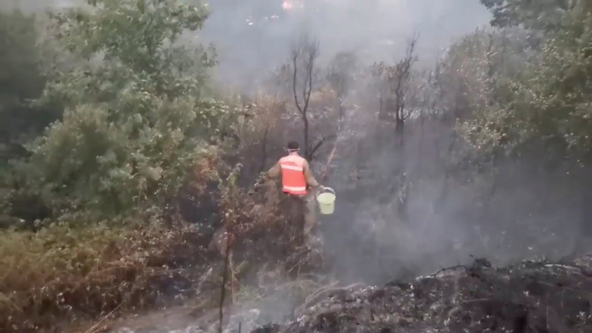 A volunteer firefighter walks to throw water to control a wildfire at Monte Fundeiro, Oleiros, portugal July 26, 2020 in this still image taken from social media video. APROSOC via REUTERS 