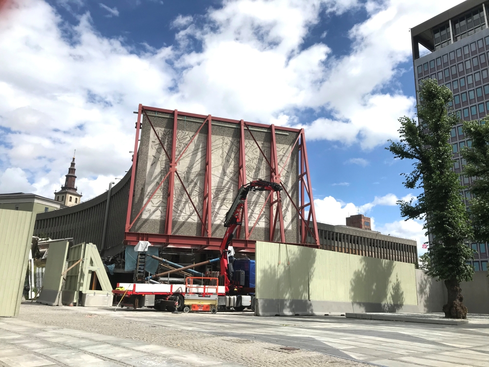 A general view of the 'Y-block' office building, adorned with a concrete mural by artists Pablo Picasso and Carl Nesjar, as workers begin taking down the mural before the building is torn down, in central Oslo, Norway July 27, 2020. REUTERS/Gwladys Fouche