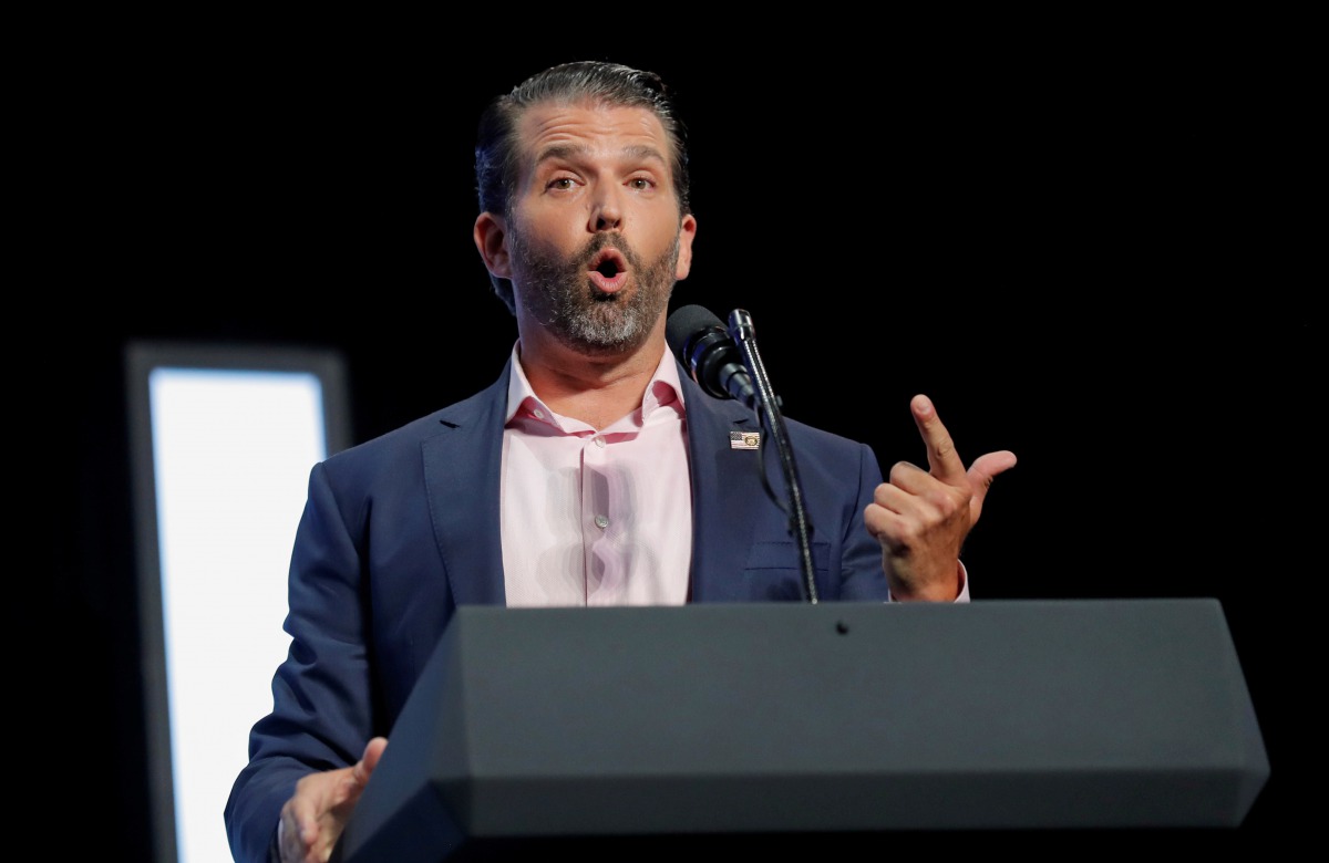 FILE PHOTO: Donald Trump Jr. speaks to young people waiting to hear his father, U.S. President Donald Trump, deliver a speech at the Dream City Church in Phoenix, Arizona, U.S., June 23, 2020. REUTERS/Carlos Barria/File Photo