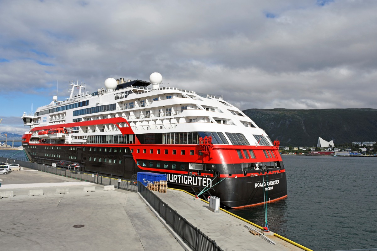 The MS Roald Amundsen ship, operated by Norway's Hurtigruten line, is seen after its crew members were diagnosed with the coronavirus disease (COVID-19), at a port in Tromso, Norway August 1, 2020. Rune Stoltz Bertinusse/NTB Scanpix/ via REUTERS 