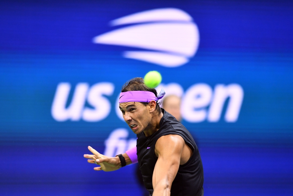  In this file photo Rafael Nadal of Spain hits a return to Daniil Medvedev of Russia during the men's Singles Finals match at the 2019 US Open at the USTA Billie Jean King National Tennis Center in New York on September 8, 2019. Defending champion Rafael 