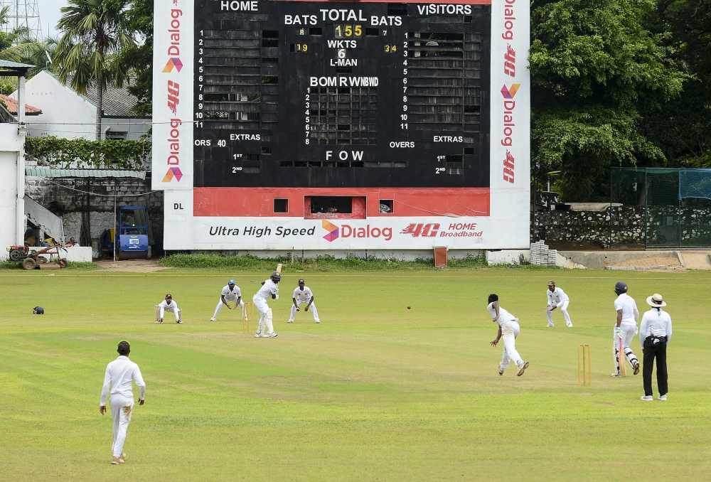 The start of the domestic cricket match between Chilaw Marians Cricket Club (CMCC) and Burgher Recreation Club (BRC) is pictured in Colombo on August 10, 2020, since the game came to a halt from mid-March amid the coronavirus pandemic.  / AFP / Ishara S. 