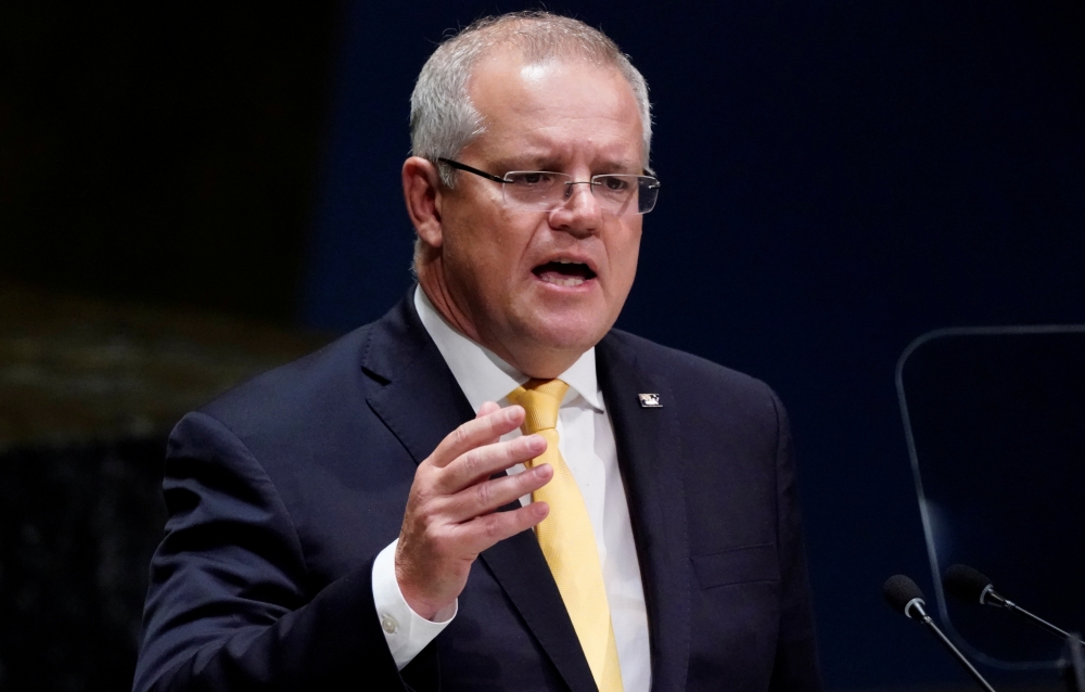 Australian Prime Minister Scott Morrison addresses the 74th session of the United Nations General Assembly at U.N. headquarters in New York City, New York, U.S., September 25, 2019. REUTERS/Carlo Allegri/File Photo