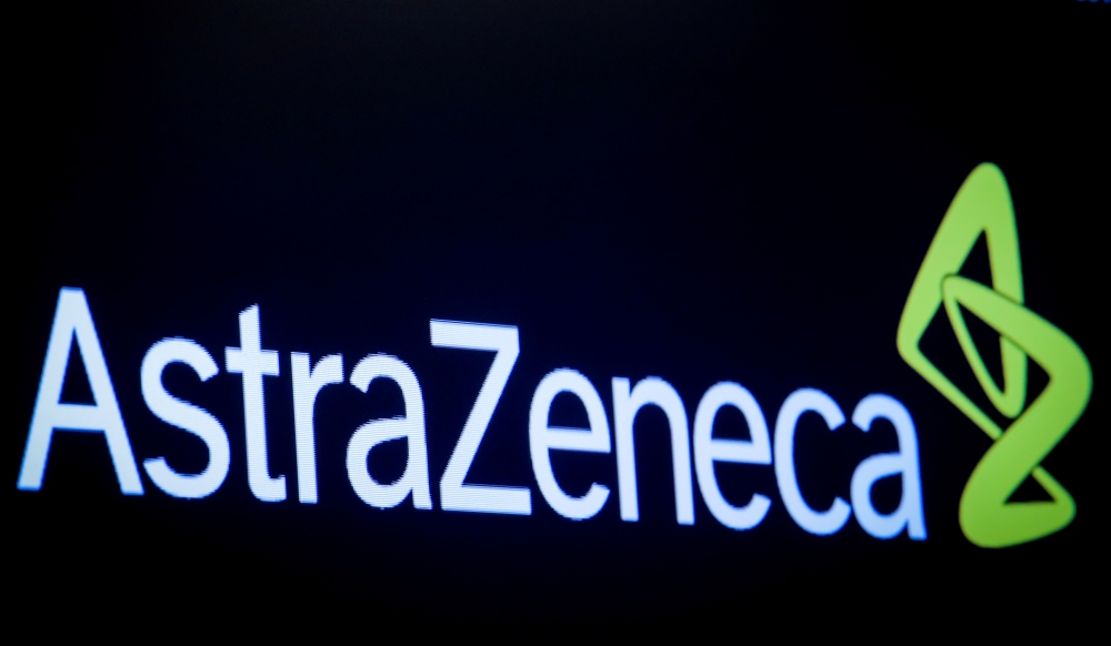 The company logo for pharmaceutical company AstraZeneca is displayed on a screen on the floor at the New York Stock Exchange (NYSE) in New York, U.S., April 8, 2019. REUTERS/Brendan McDermid/File Photo